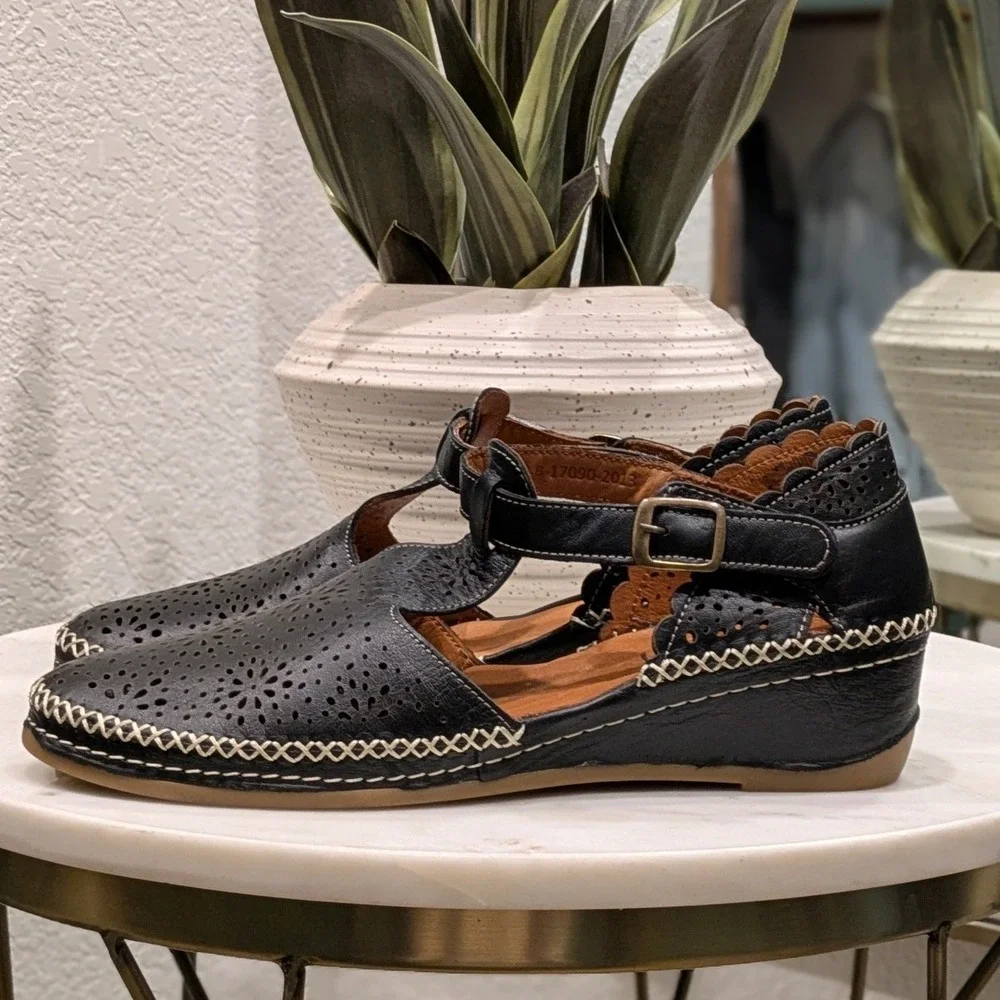 Spring Step Patrizia Airy Wedge Leather T-Strap Flats Black Laser Cut Comfort